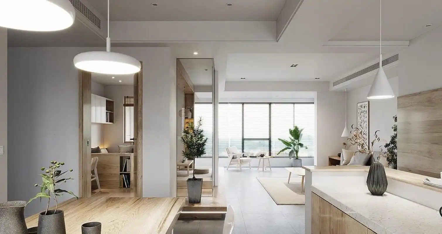 原木风日式 客厅在大面积浅色系为底的设计下,搭配绿植极具自然舒适之