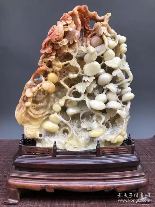 收藏精品 寿山石老性芙蓉石雕多子多福摆件 原石雕刻尺寸:含底座35.