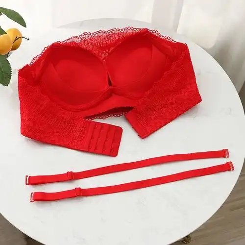 无肩带内衣女防滑小胸加厚聚拢抹胸无钢圈新娘婚纱红礼服文胸套装