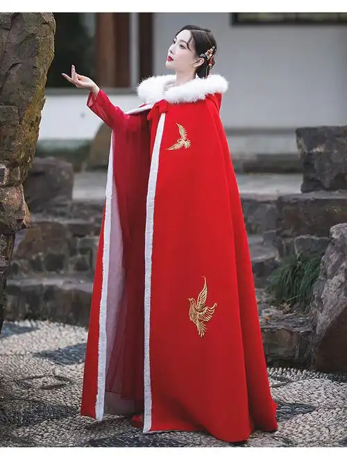 冬季长款红色女秋冬加厚结婚中国风加绒披肩 大红色刺绣斗篷--薄款