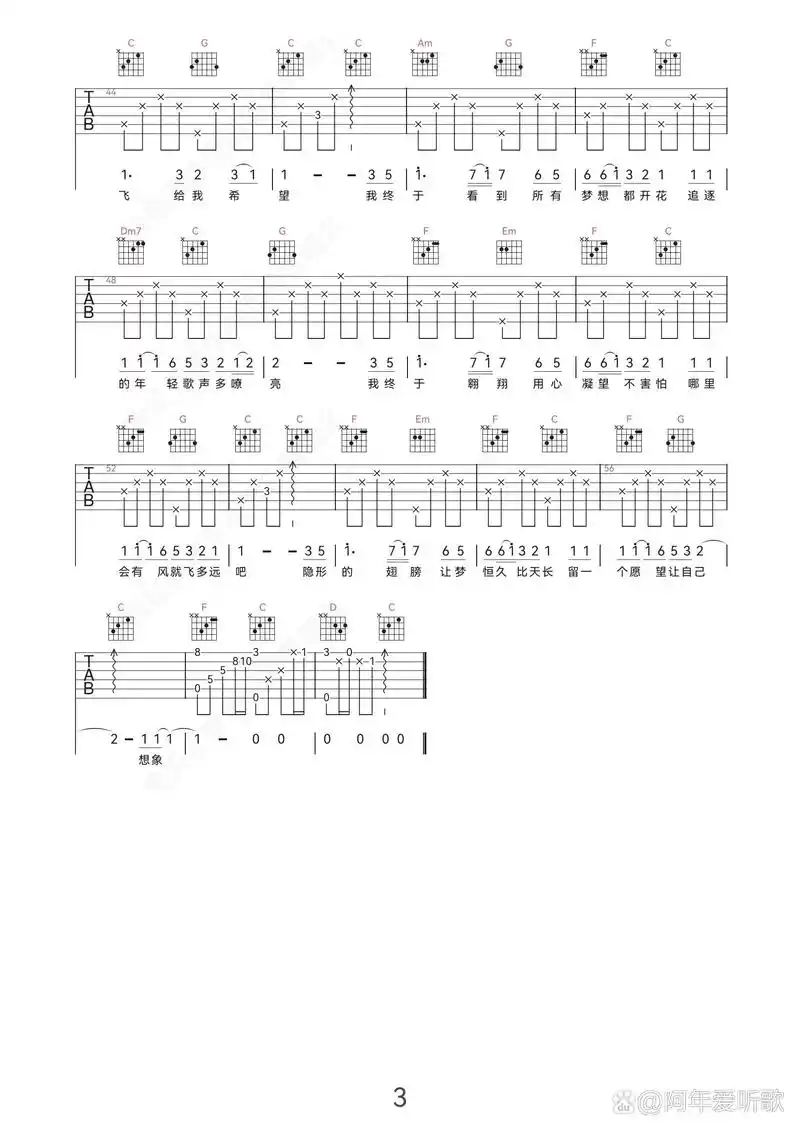 张韶涵《隐形的翅膀》吉他谱