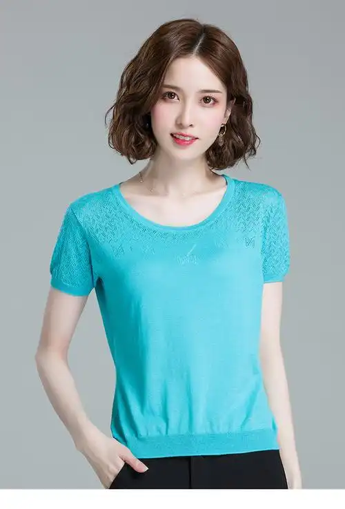 冰丝针织衫女夏装新款桑蚕丝宽松短袖t恤女纯色真丝上衣