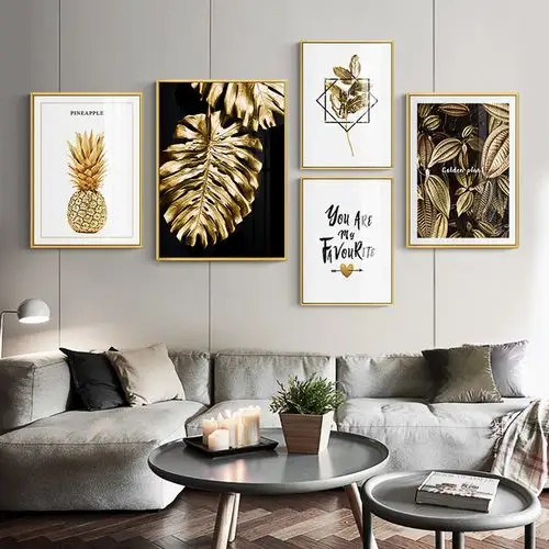 北欧沙发背景墙轻奢装饰画客厅现代简约组合金色叶子挂画绿植壁画