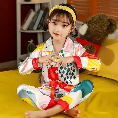 冰丝薄款家居服空调夏天小孩女童长袖4岁中大睡衣