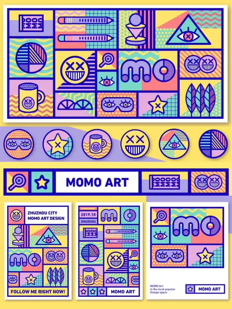 momo设计孟菲斯vi设计|色彩中的几何创意  品牌的log - 抖音