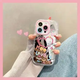 韵宁 镜面少女心粉色英文爱心适用苹果14pro手机壳iphone13带镜子手机