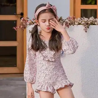 细熙儿童泳衣女孩小公主韩国儿童泳衣女女童泡温泉可爱连体长袖防晒