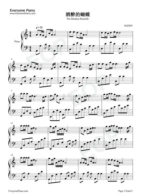 酒醉的蝴蝶-c调简单版五线谱预览1-钢琴谱文件(五线谱,双手简谱,数字