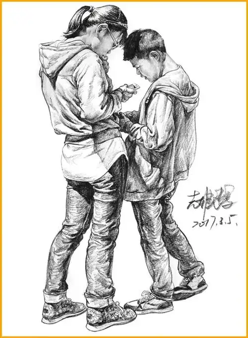 一,构图问题:在画双人速写之前,一定要解决构图上的问题,一般来说人物