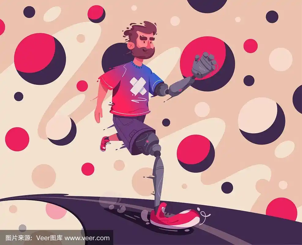 一个戴着假肢的人正在跑步.体育的概念.卡通矢量插图.