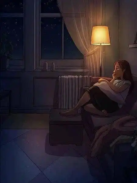 选项1的女孩一个人坐在家里的沙发上,可能在看电视,周围房间的陈设