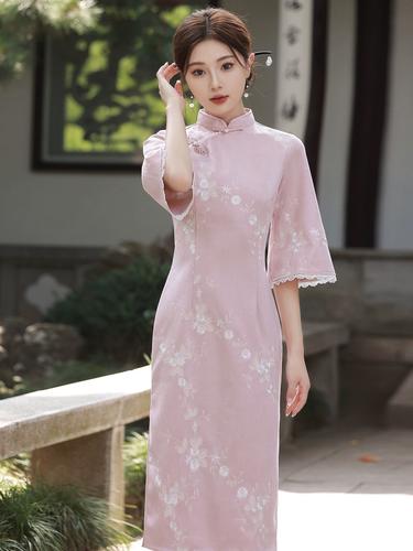 可批粉色麂皮绒绣花倒大袖旗袍2023秋冬新款复古民国风年轻款少女