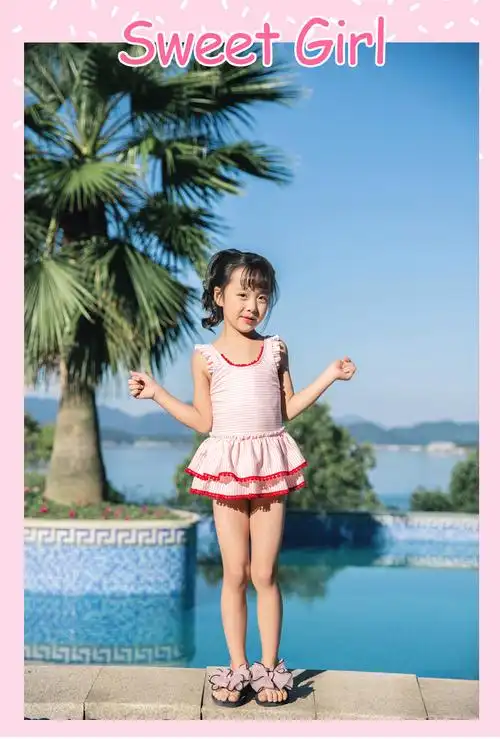 七色王国儿童泳衣女孩小公主韩国可爱女童温泉小童裙式连体比基尼条纹