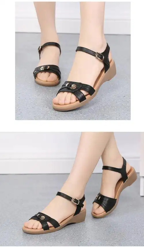 凉鞋女2019夏新款中跟妈妈女鞋平底舒适百搭中年真皮软底凉鞋大码a