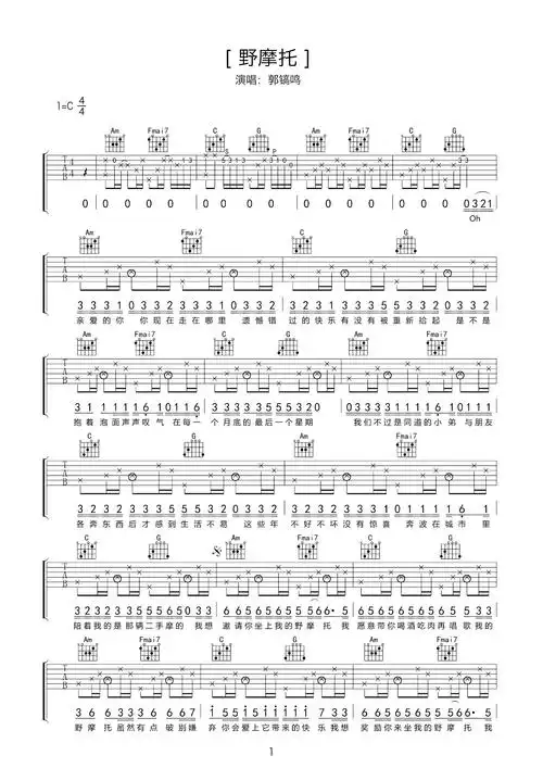 《野摩托》吉他初学者必练六线谱 - 用c调编配的指法 - 吉他简谱