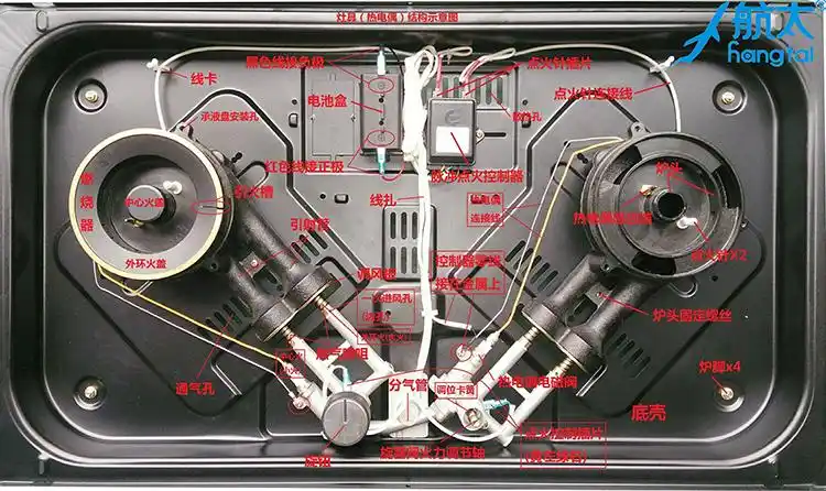 上面燃气灶具的内部结构图可以看出,燃气灶底壳预留了诸多的孔位,用来