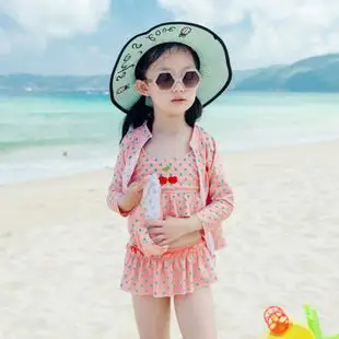 儿童泳衣分体平角女孩游泳衣长袖防晒泡温泉泳装大童韩版 韩版8-12