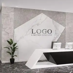 公司前台背景墙壁纸仿大理石纹美容院服装店吧台简约logo造型墙纸