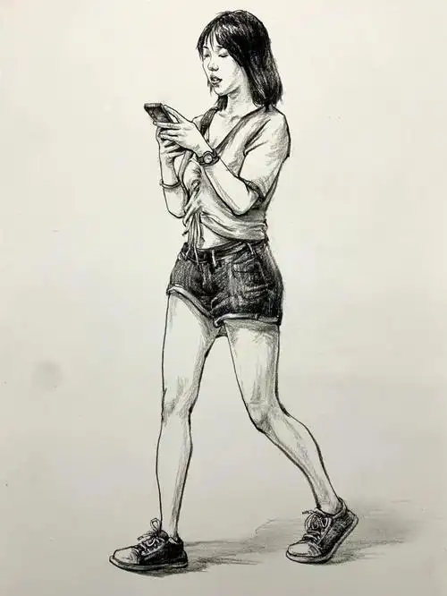 人物速写玩手机走路女青年场景速写素材
