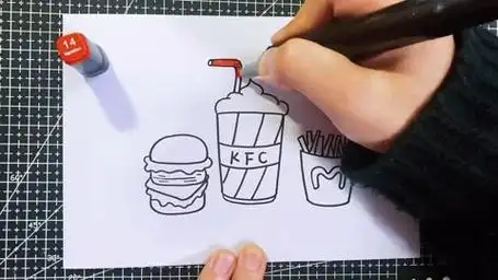 卡通简笔画汉堡薯条可乐三件套画法