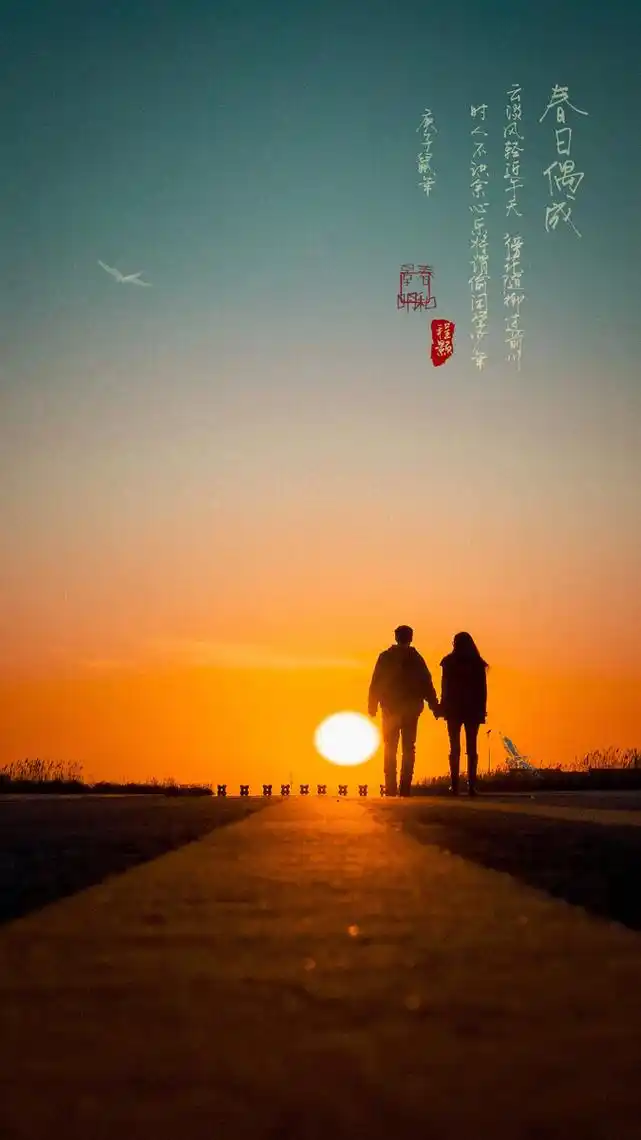 盘锦金帛滩一对情侣夕阳下散步的背影