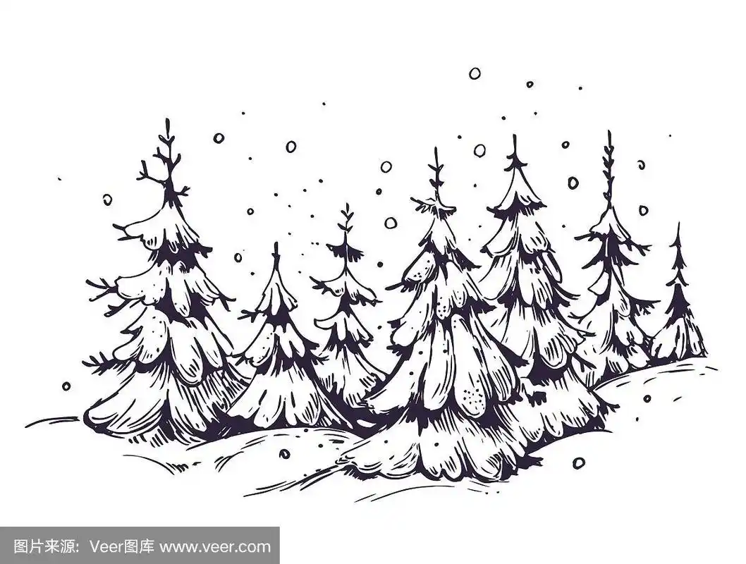 冬天的背景是雪和树.手绘插图转换为矢量.