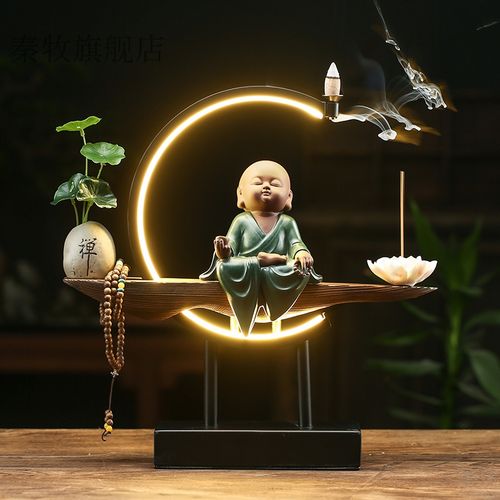 禅意小和尚茶桌茶台小摆件精品家居装饰品 品茶静心(带图片灯圈全套)
