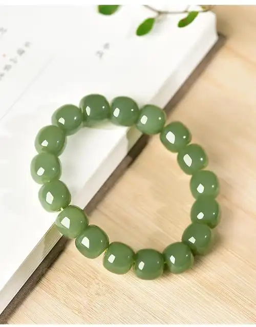 瑱瑜珠宝 和田玉手链男翠青玉老型珠手串女玉石玉器手饰品 15*16mm【