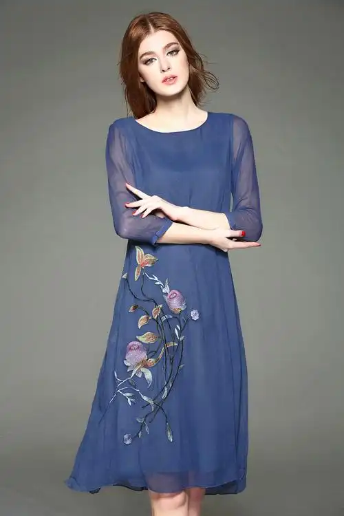 2016新款女装 夏季优雅刺绣高档乔其炒色真丝连衣裙女长裙 批发
