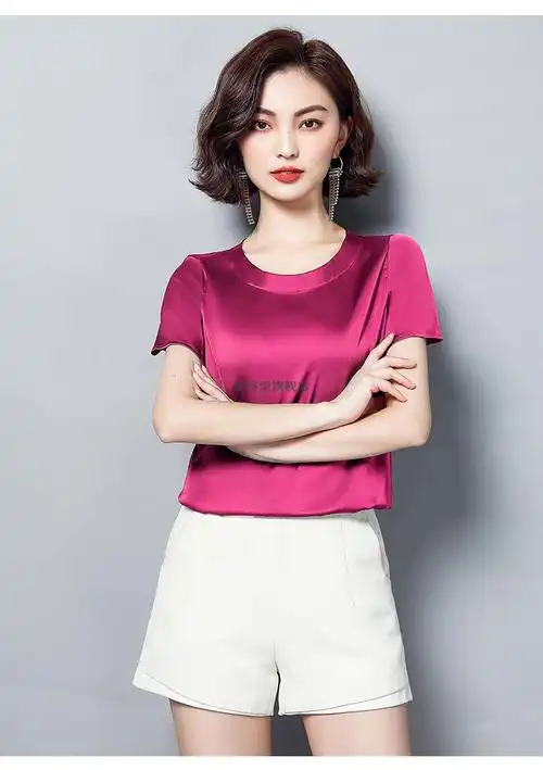 中年女性半袖真丝上衣女短袖t恤2020年夏丝绸女款时上高端小衫 红色 m