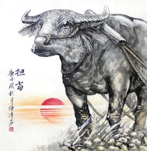 陈倩纯客厅挂画办公室画牛动物国画装饰画斗方手工国画