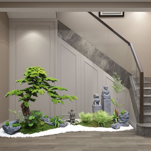 仿真松树楼梯下搭配造景迎客松玄关庭院大型装饰植物罗汉松假树