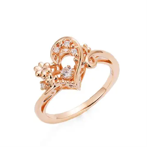 韩版18k镀玫瑰金爱心钻石戒指 镶锆石会跳舞的钻戒复古镂空花指环