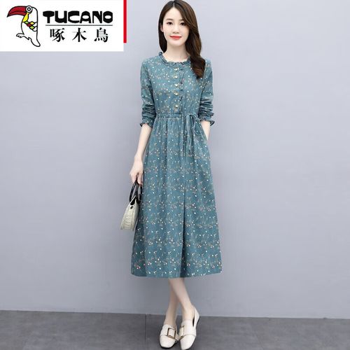 啄木鸟(tucano) 初秋碎花棉麻连衣裙2021秋冬新品气质系带显瘦打底