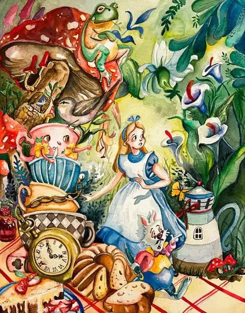 原创水彩爱丽丝梦游仙境