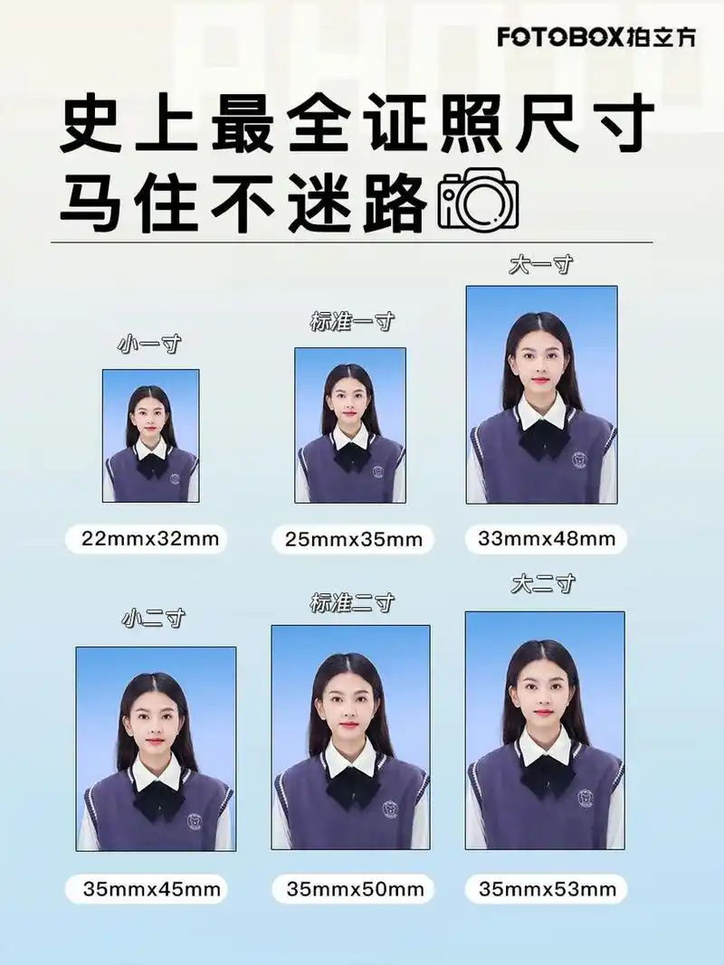 来拍立方拍证件照,一键就行! 标准一寸:25x35(毫米);1x1.