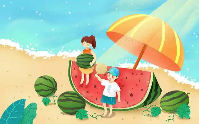 手绘卡通黄色夏天小暑沙滩上的大西瓜和小朋友原创插画海报背景素材