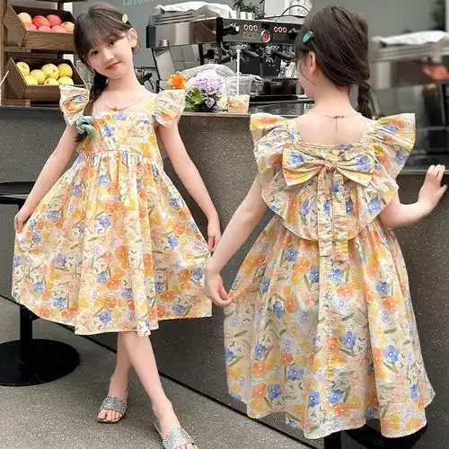 女童夏季小飞袖蝴蝶结连衣裙2024新款儿童洋气可爱公主裙女孩长裙