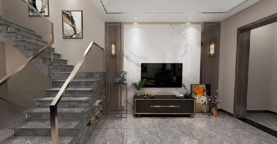 楼梯扶手金色镶边,搭配灰色地砖.