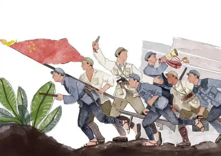 英雄纪念碑为题材,胜利渡长江,解放军战士们高举着红旗,吹起冲锋号,向