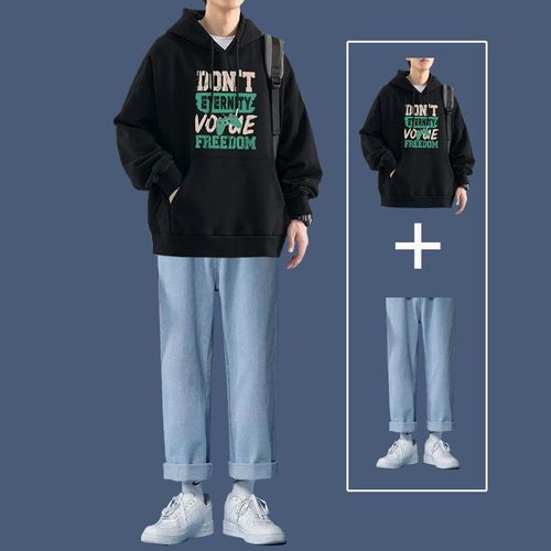 春秋季连帽卫衣套装男生潮流痞帅一套搭配牛仔裤冬款加绒学生外套