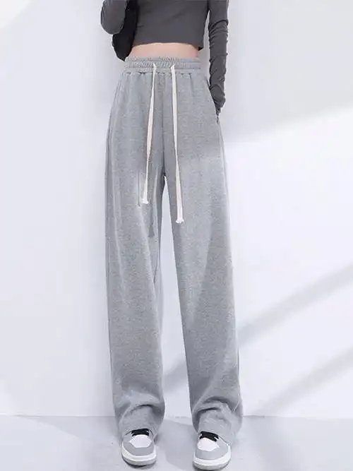 休闲裤女春秋季宽松韩版高腰显瘦炸街直筒垂感阔腿抽绳运动裤女浅灰色