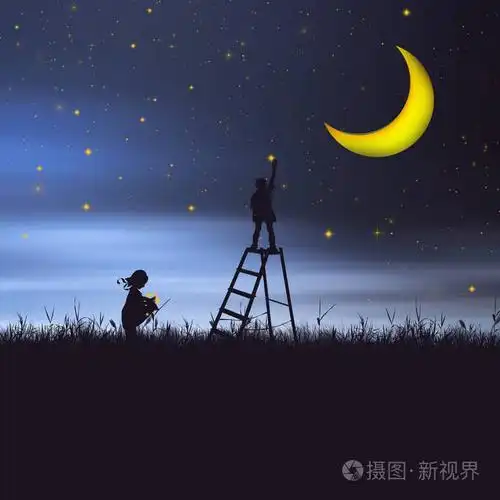 3d 插图.美丽的风景在日落.男孩从天上摘下星星给女孩