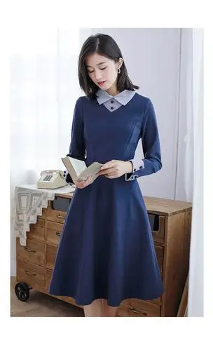 勿忘花针织连衣裙女装冬季新款中长款气质衬衫裙职业长袖裙子 深蓝色
