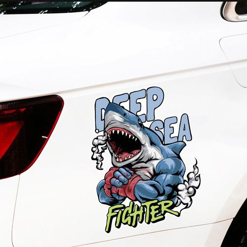 汽车贴纸格斗强壮肌肉鲨鱼创意卡通车身遮挡划痕车贴鲨个性潮贴画