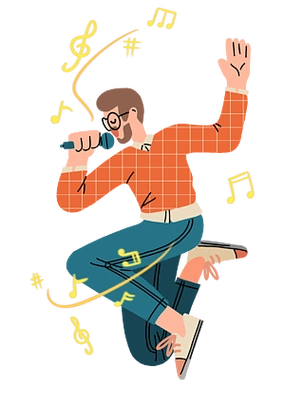 手绘音符拿着麦克风尽情欢乐唱歌的男士插画