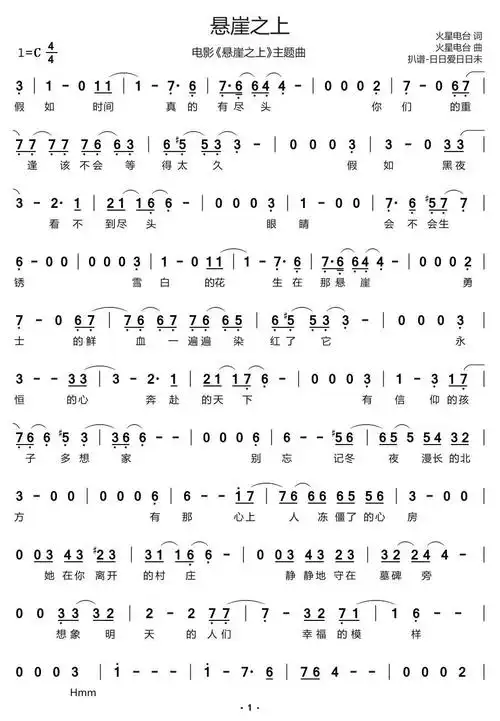 悬崖之上(电影《悬崖之上》主题歌)简谱 - 简谱歌谱大全