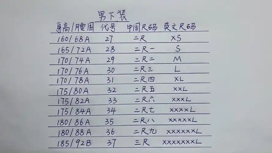 男生裤子尺码大全