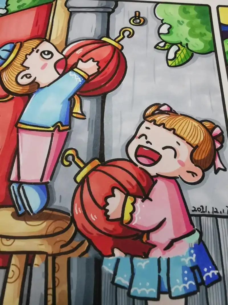 原创儿童画之《挂灯笼》《舞狮》 过年常见素材 马克笔手绘 场景 大红