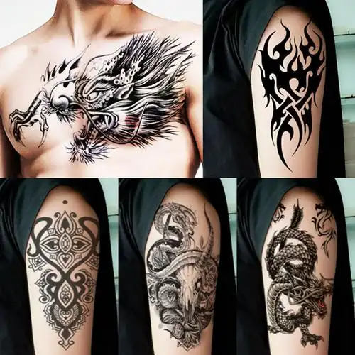 纹身贴男图腾火焰_胸口龙头纹身贴 防水男女持久手臂图腾火焰纹龙个性